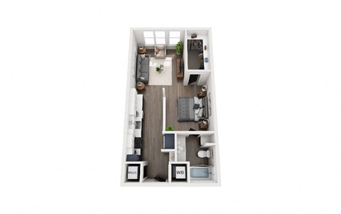 A top down view of a small apartment with a kitchen, living room, and bathroom.